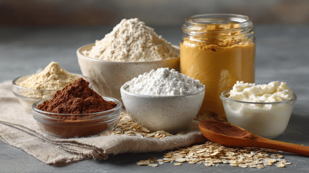 Easy Protein Desserts for Students with a Sweet Tooth 2 Dorm desk with protein powder, oats, peanut butter jar, and Greek yogurt as ingredients for protein desserts.