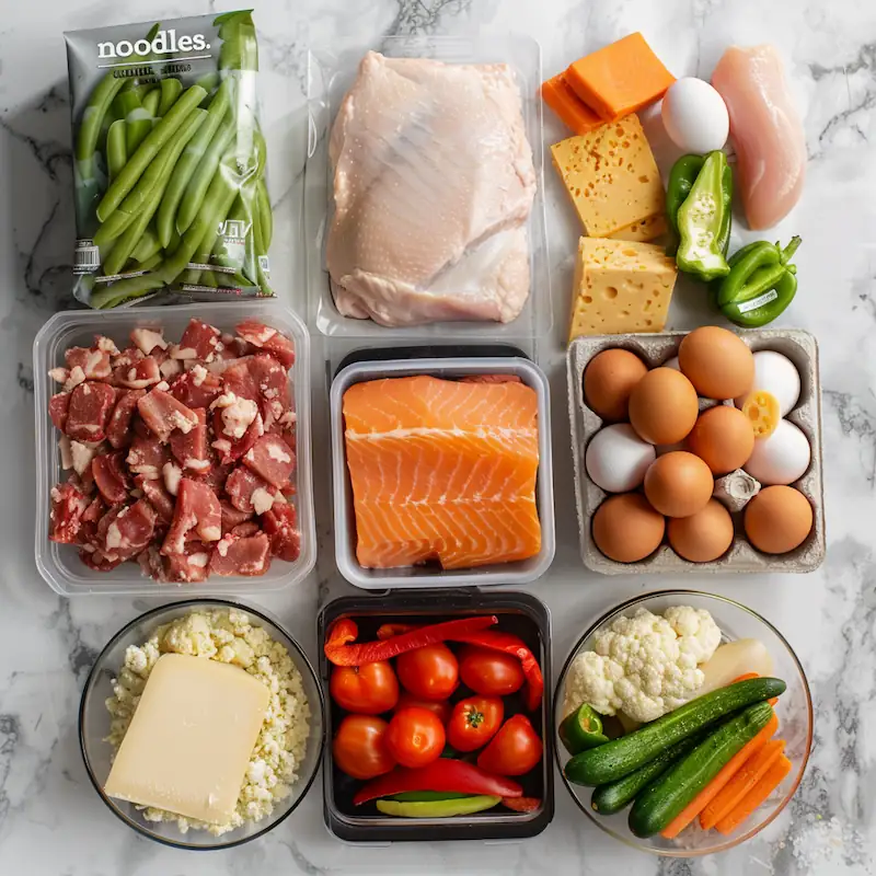 Budget-friendly keto groceries for students: eggs, tuna, cheese, cauliflower, and zucchini
