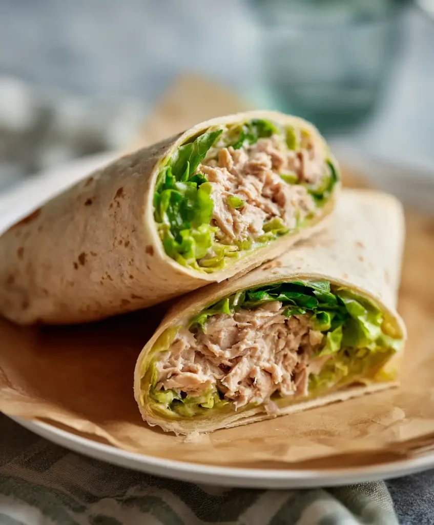 10 Dorm Room Recipes You Can Make Without a Fridge 5 A tortilla wrap filled with canned tuna and lettuce, cut in half on a paper plate.