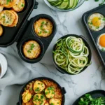 Overhead shot of student meal prep containers filled with cheap keto recipes like egg muffins, cauliflower fried rice, and zucchini noodles, placed beside a college planner and coffee cup