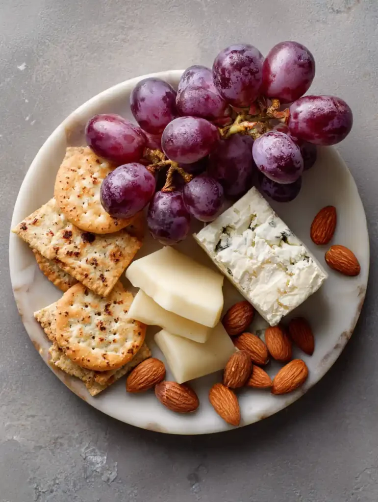 No-Cook Dorm Snacks Every Student Needs to Try 7 Small cheese and cracker snack plate with grapes and almonds.