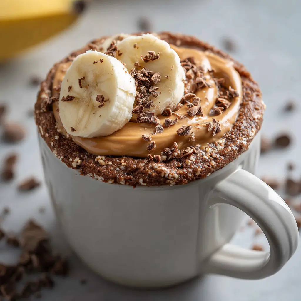 Easy Protein Desserts for Students with a Sweet Tooth 3 Chocolate protein mug cake in a coffee mug topped with peanut butter drizzle
