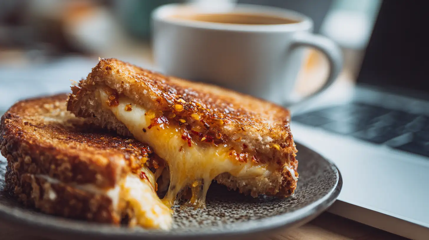 Close-up of a crispy golden grilled cheese sandwich with melted cheese and Chili Crunch flakes, served on a plate beside a laptop and coffee mug in a dorm setting.