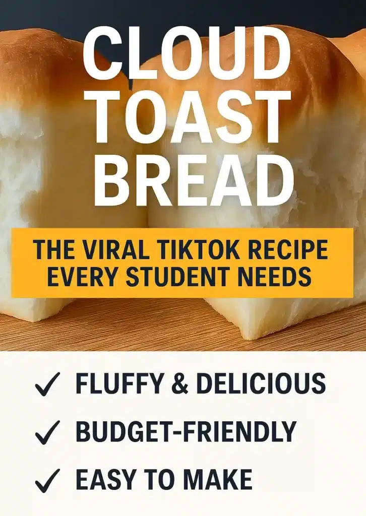 Cloud Toast Bread: The Fluffy TikTok Trend Every Student Needs to Try 8 Pinterest graphic for Cloud Toast Bread recipe showing fluffy golden bread with text overlay highlighting its viral TikTok trend and student-friendly benefits.