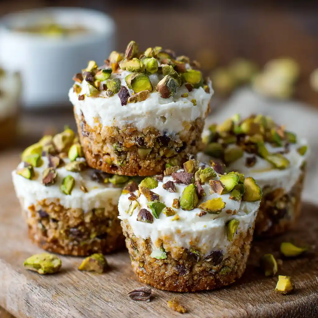Student Budget Recipes: 12 Dorm-Friendly, Trendy & Cheap Ideas 2 No-bake cottage cheese pistachio protein cups topped with crunchy chopped pistachios on a wooden board.