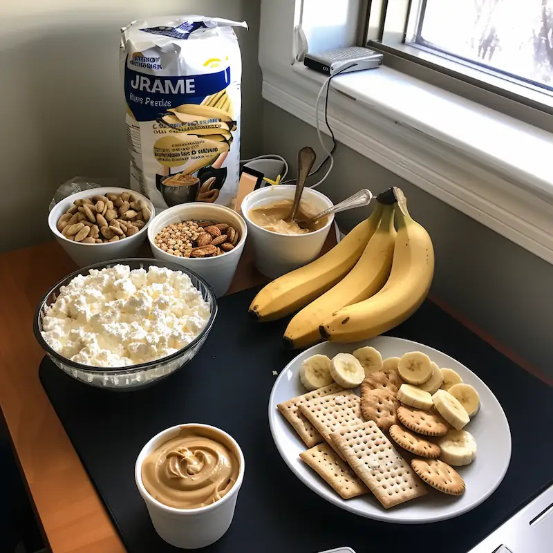 College student in a dorm kitchen taking cottage cheese from a mini fridge.