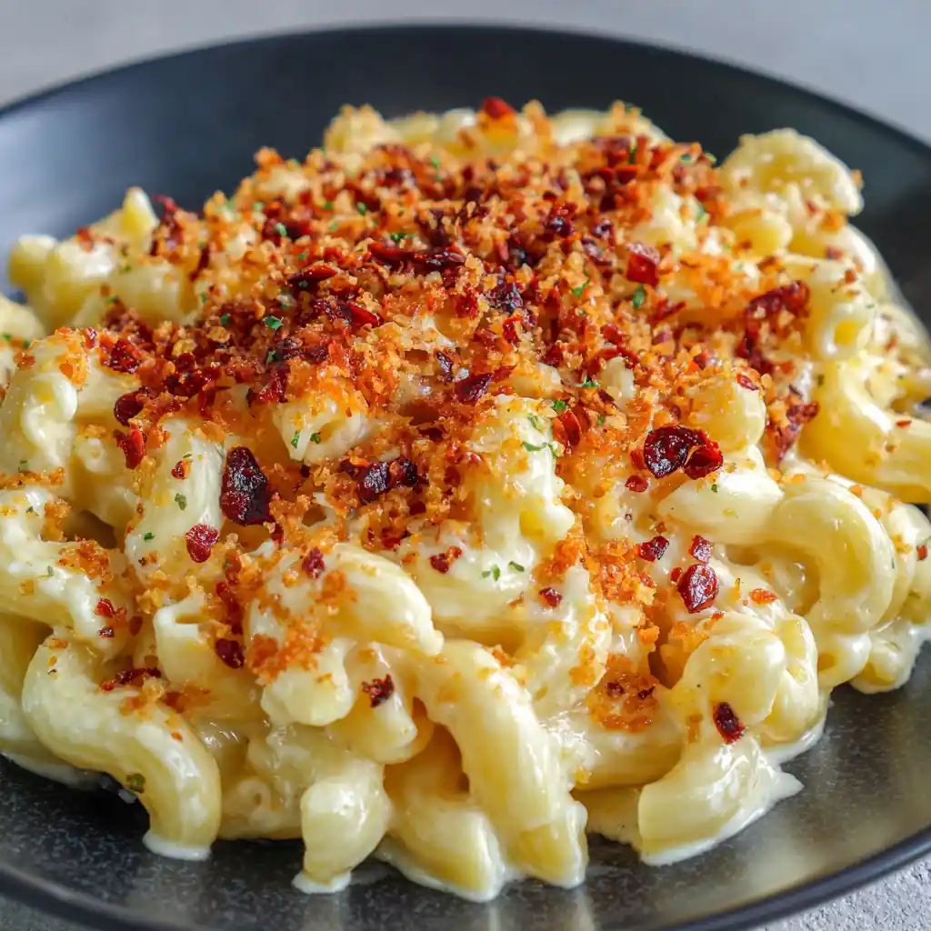 Chili Crunch Hacks: Campus Meals with a Spicy Crunch 4 Creamy mac and cheese topped with Chili Crunch flakes.