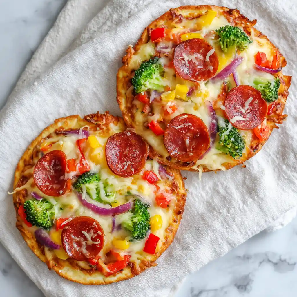 Student Budget Recipes: 12 Dorm-Friendly, Trendy & Cheap Ideas 10 Two crispy tortilla air fryer pizzas topped with melted mozzarella, pepperoni, and bell peppers, sliced into quarters on a wooden board.
