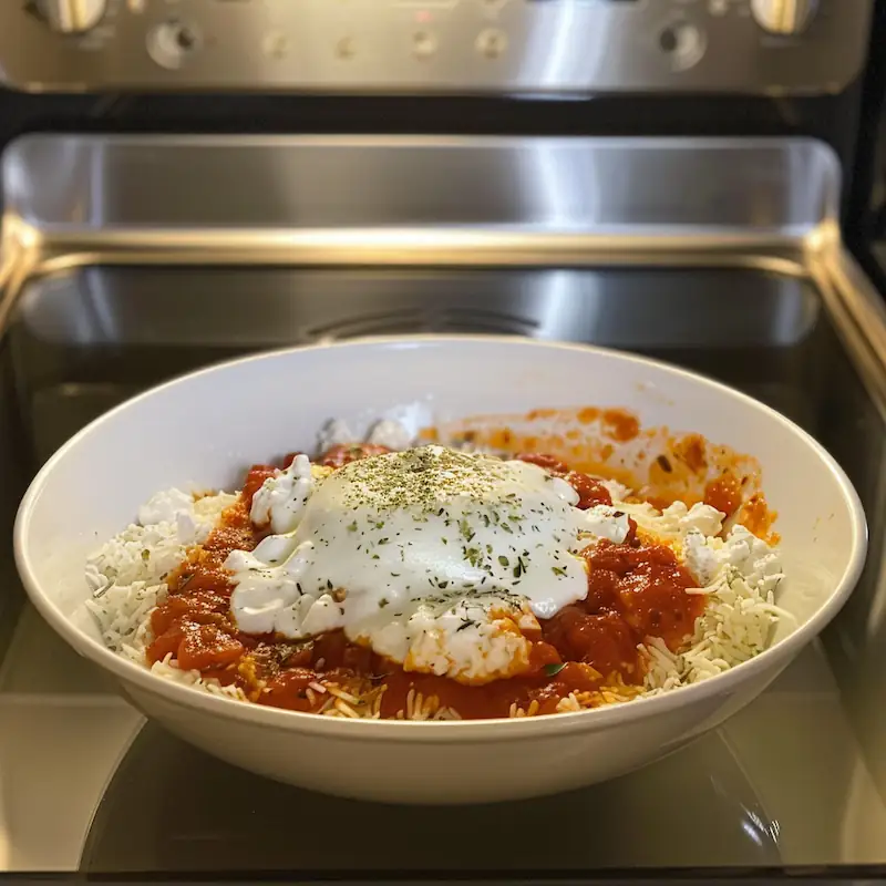 Cottage cheese pizza bowl made in a dorm microwave.