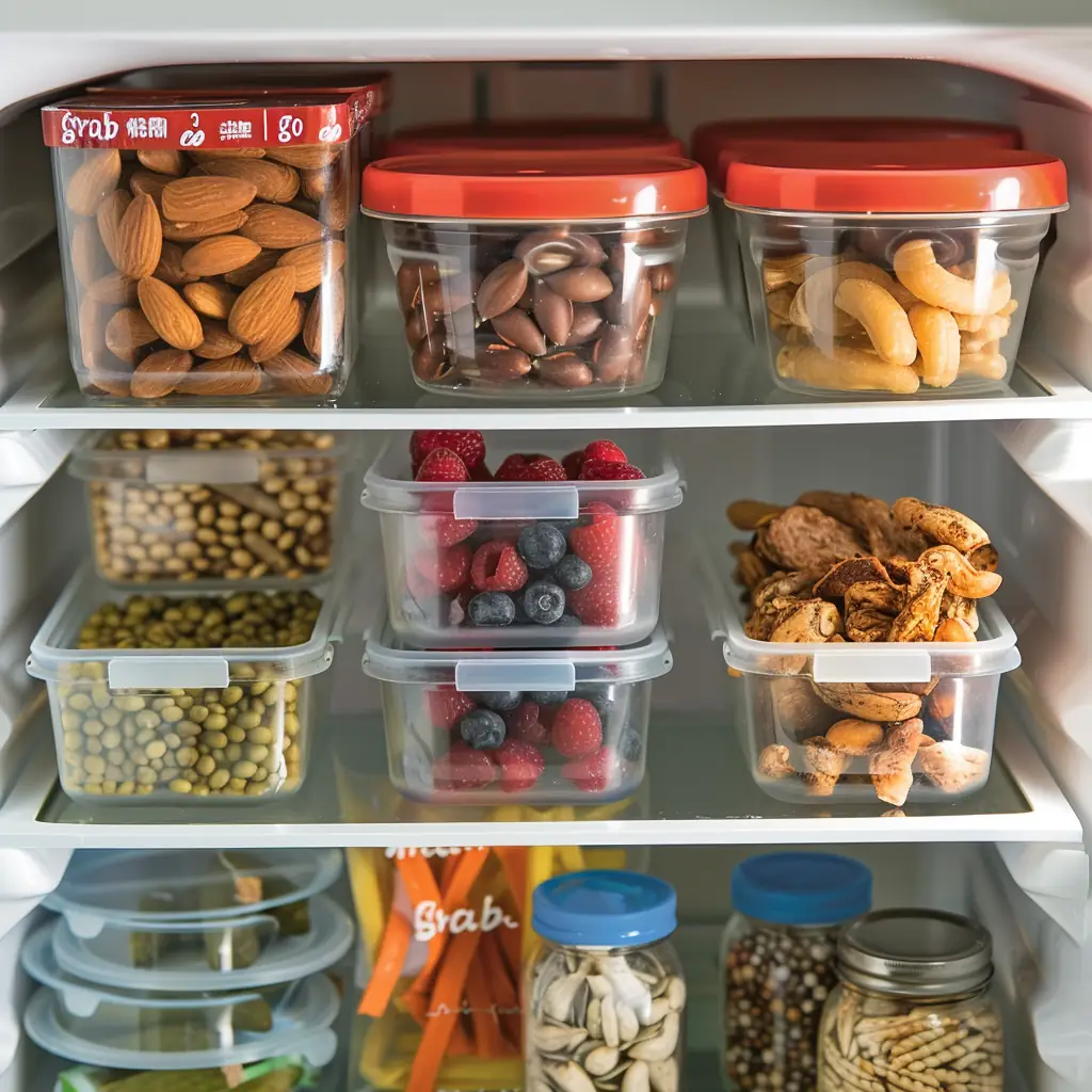 Cheap Protein Snacks You Can Keep in Your Dorm 2 Mini dorm fridge with Greek yogurt, boiled eggs, and protein snack packs organized in containers.