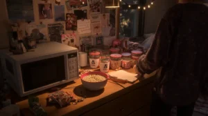 Dorm room recipes – affordable student-friendly meals with instant noodles, microwave cooking, and easy snacks displayed on a cozy study desk decorated with lights and photos.