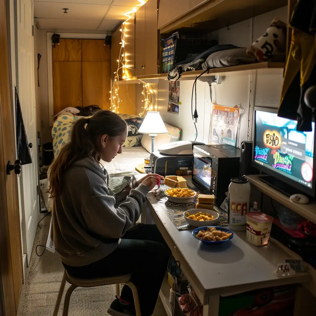 Quick Dorm Snacks for Gamers | Fast & Cheap College Fuel 2 Dorm student preparing snacks on small desk with gaming console nearby.