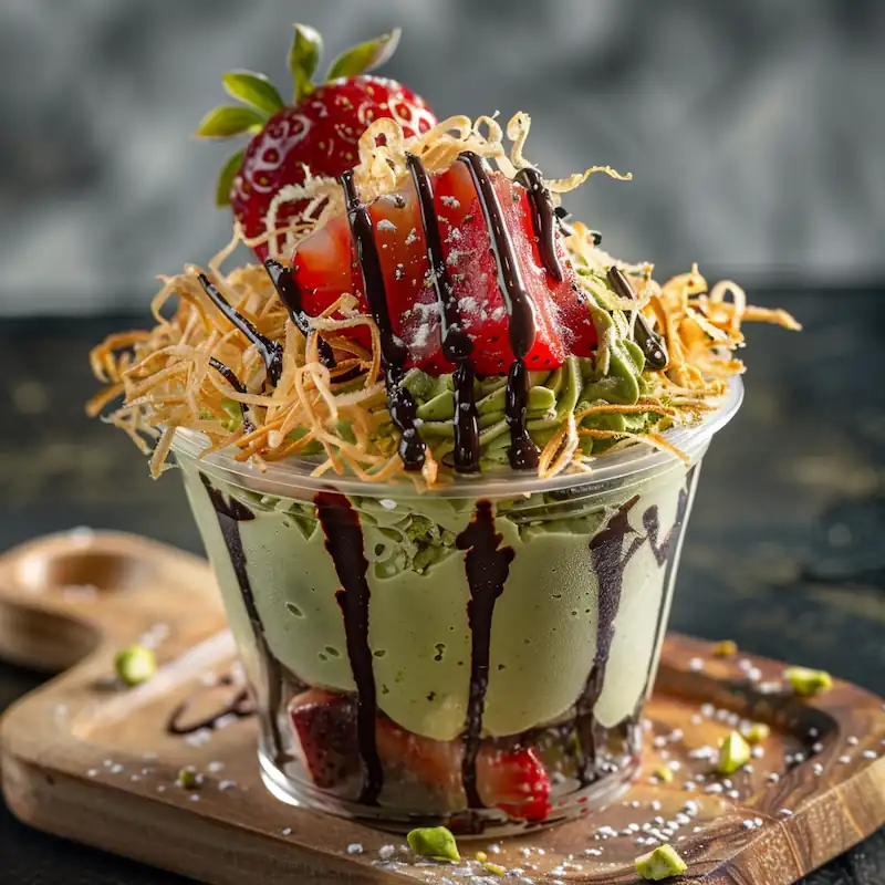 Viral Dessert Recipes 2026: Sweet Trends You’ve Gotta Try 2 A dessert cup with crispy shredded phyllo, green pistachio cream, fresh red strawberries, and chocolate drizzle.