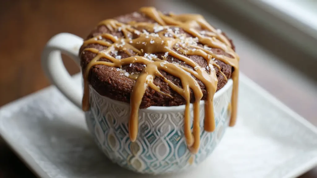 High-Protein College Meals: Cheap, Healthy, and Student-Friendly 4 Dorm mug with a chocolate protein mug cake topped with peanut butter drizzle.