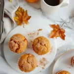 Easy pumpkin muffins in a muffin tin and on a plate, topped with cinnamon sugar, styled with pumpkins and fall decorations