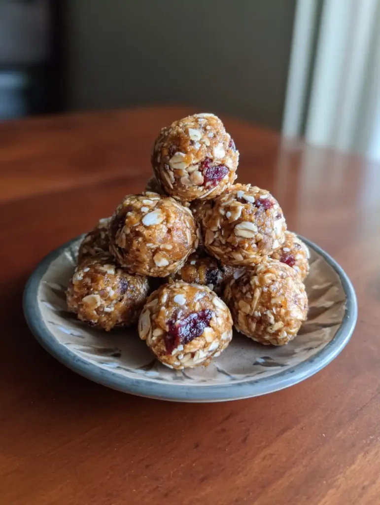 No-Cook Dorm Snacks Every Student Needs to Try 5 Oatmeal energy bites stacked on a small dorm plate.