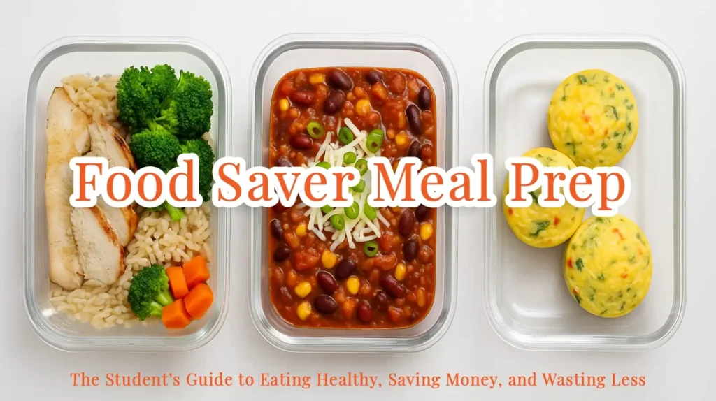 Food Saver Meal Prep: The Student’s Guide to Eating Healthy, Saving Money, and Wasting Less 1 Three student-friendly food saver meal prep recipes in vacuum-sealed bags: chicken and rice with broccoli, vegetarian chili with beans and corn, and breakfast egg bites with spinach and cheese on a white background.