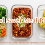 Three student-friendly food saver meal prep recipes in vacuum-sealed bags: chicken and rice with broccoli, vegetarian chili with beans and corn, and breakfast egg bites with spinach and cheese on a white background.