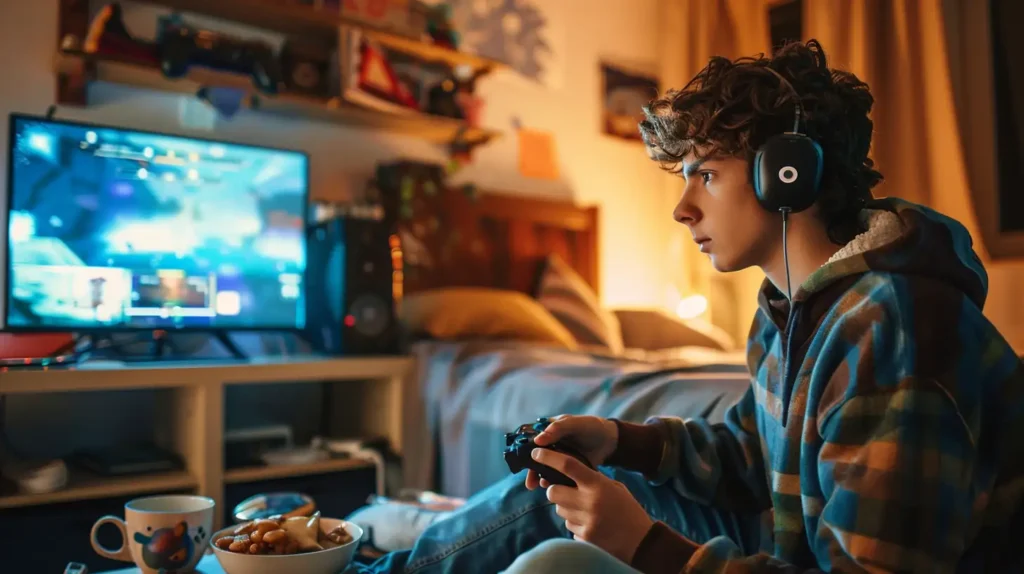 Gamer Meals for College Students | The Ultimate Budget-Friendly Guide 1 College gamer enjoying budget-friendly meal while playing in dorm room.
