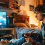 College gamer enjoying budget-friendly meal while playing in dorm room.