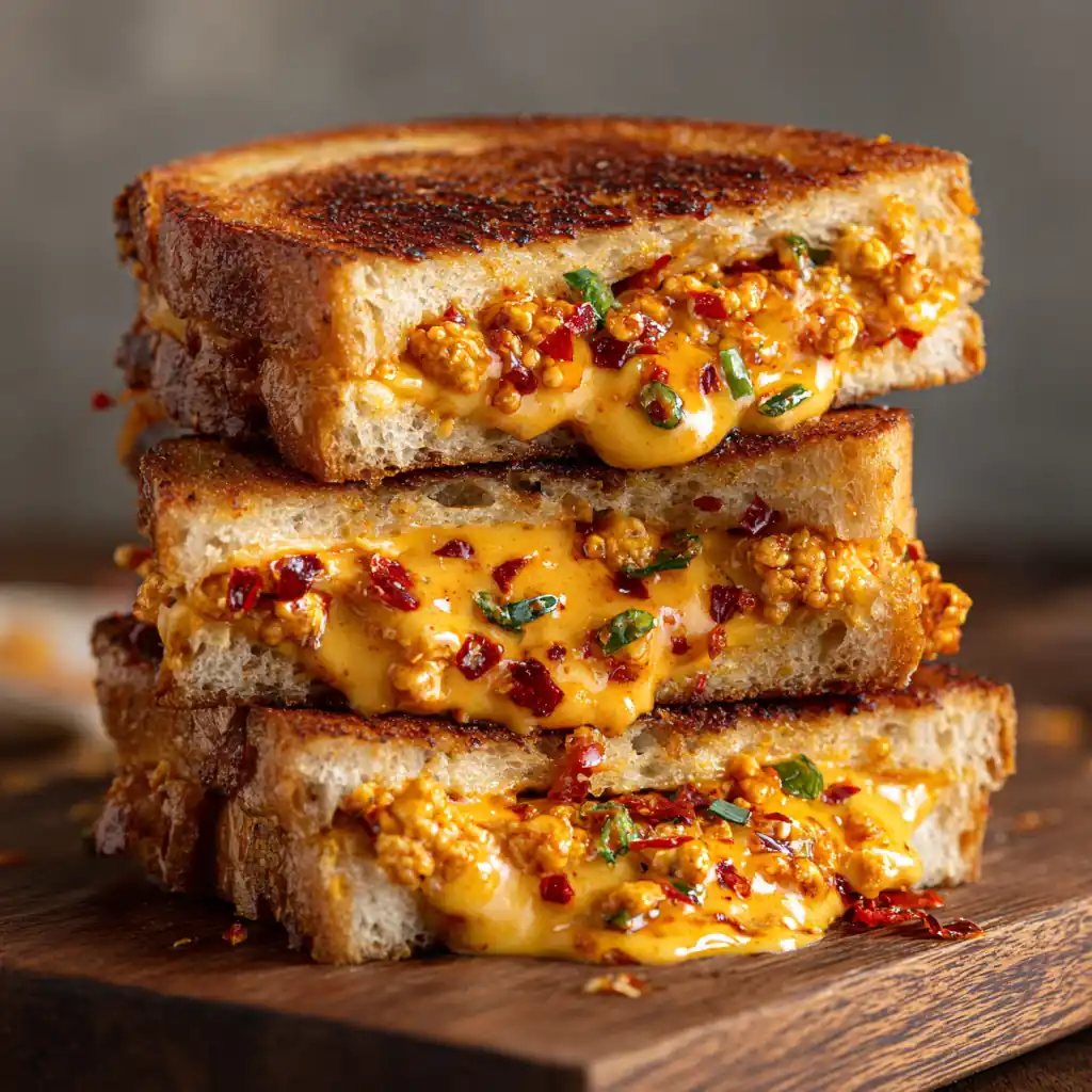 Chili Crunch Hacks: Campus Meals with a Spicy Crunch 3 Golden grilled cheese sandwich with Chili Crunch oozing from the sides.