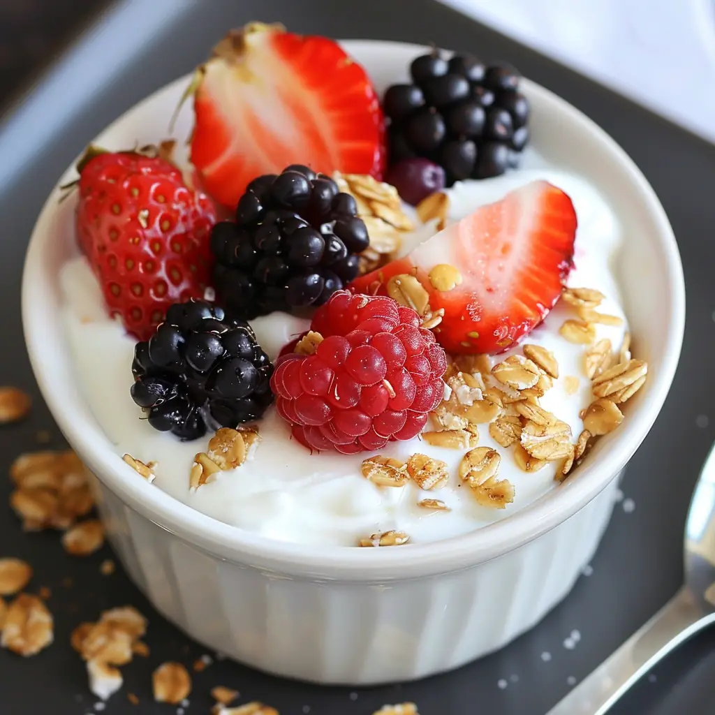 Cheap Protein Snacks You Can Keep in Your Dorm 4 Single-serve Greek yogurt cup topped with berries and granola.