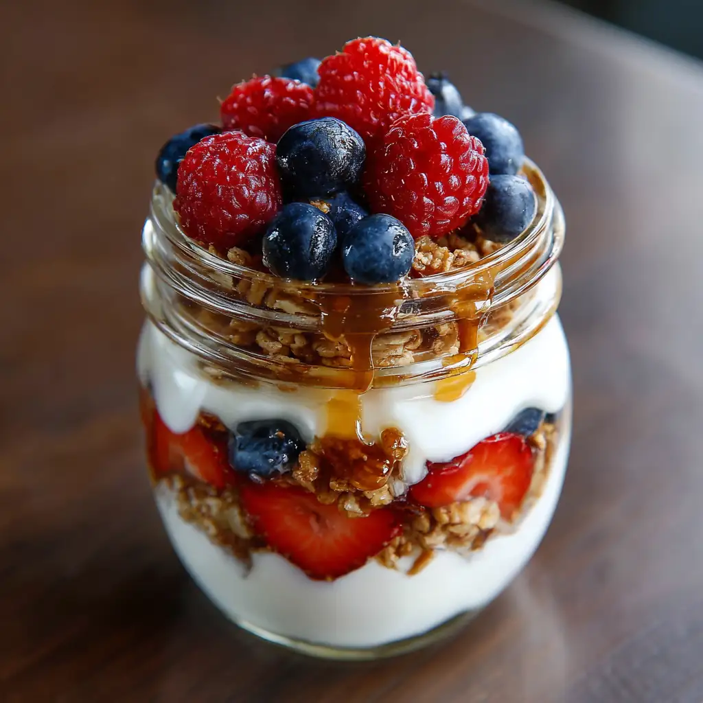 Easy Protein Desserts for Students with a Sweet Tooth 4 Layered Greek yogurt parfait with granola and berries in a mason jar.