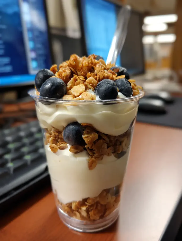 No-Cook Dorm Snacks Every Student Needs to Try 2 Greek yogurt parfait with granola and blueberries in a clear cup on a dorm desk.