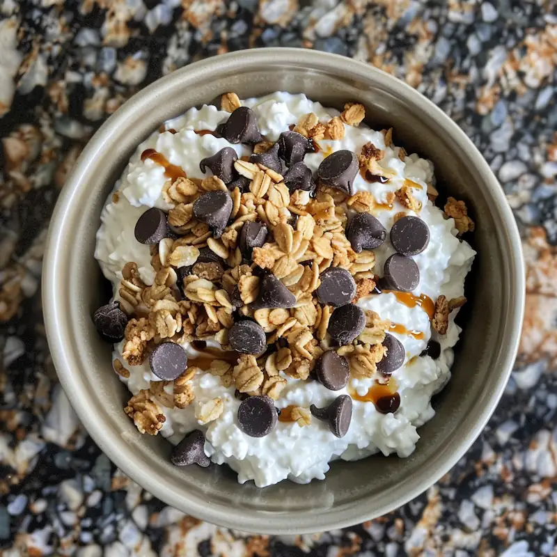 Cottage cheese with granola and chocolate chips for energy.