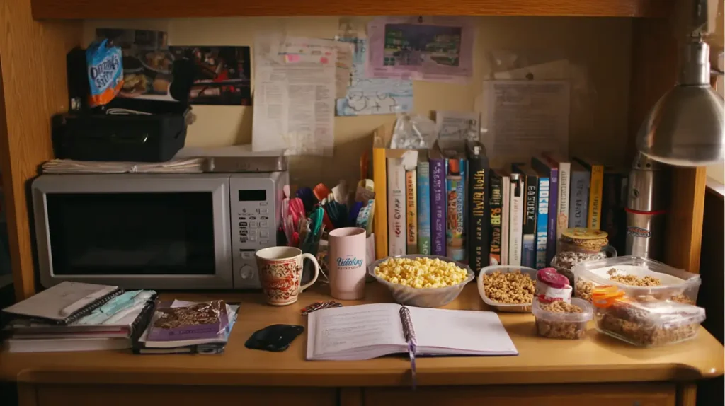 High-Protein College Meals: Cheap, Healthy, and Student-Friendly 1 Dorm desk with microwave and high-protein college meals like scrambled eggs, trail mix, and mug cake for students.