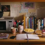 High-protein college meals for students – affordable dorm room snacks like popcorn, granola, and meal prep containers with balanced, healthy food on a study desk with books and a microwave.