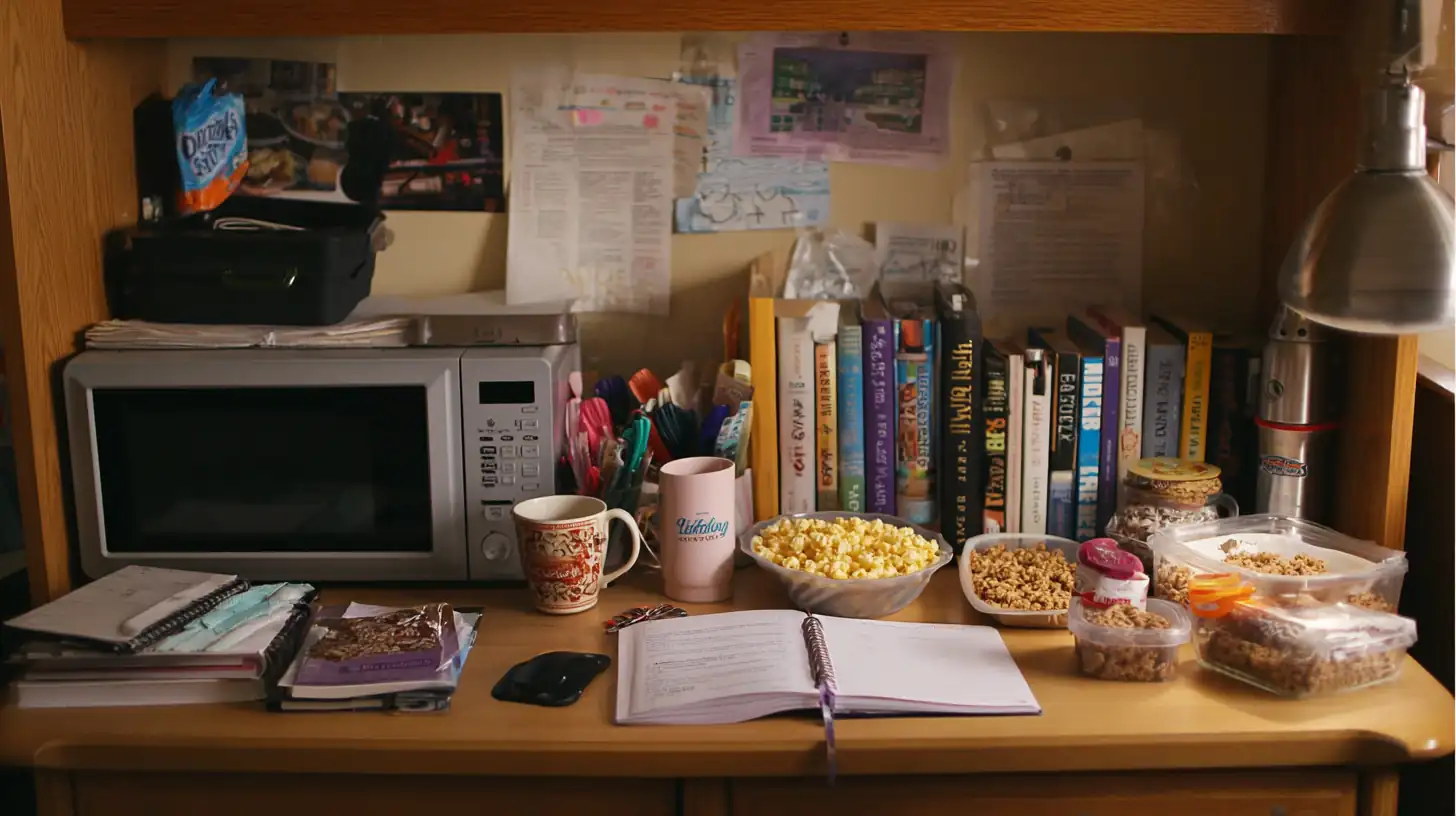High-protein college meals for students – affordable dorm room snacks like popcorn, granola, and meal prep containers with balanced, healthy food on a study desk with books and a microwave.