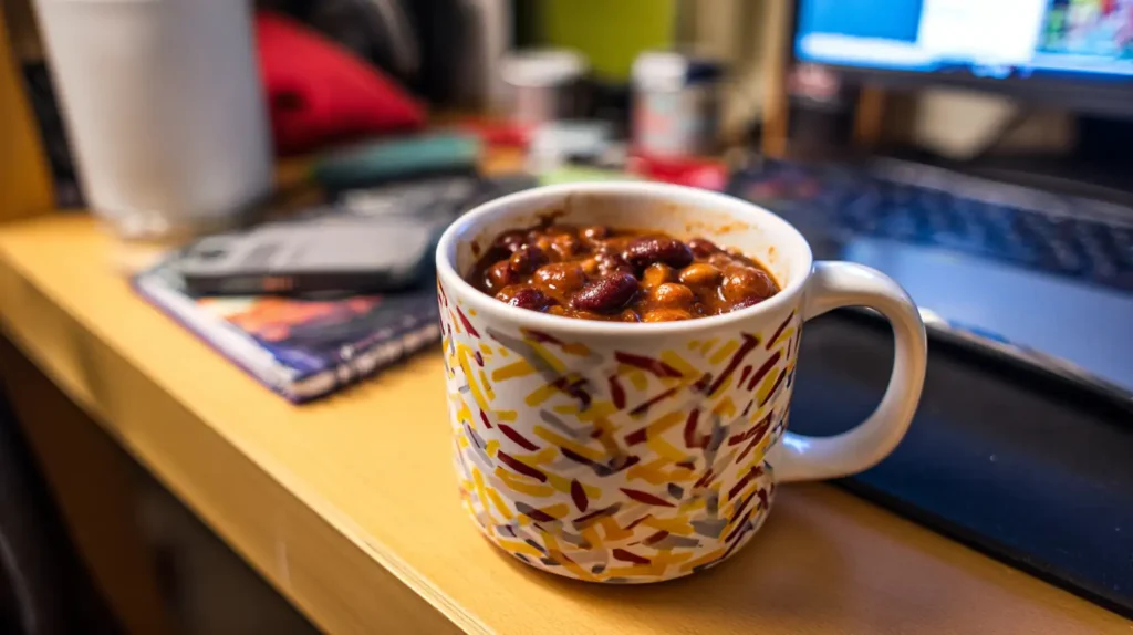 High-Protein College Meals: Cheap, Healthy, and Student-Friendly 2 Microwave mug filled with protein-packed chili on a college dorm desk.