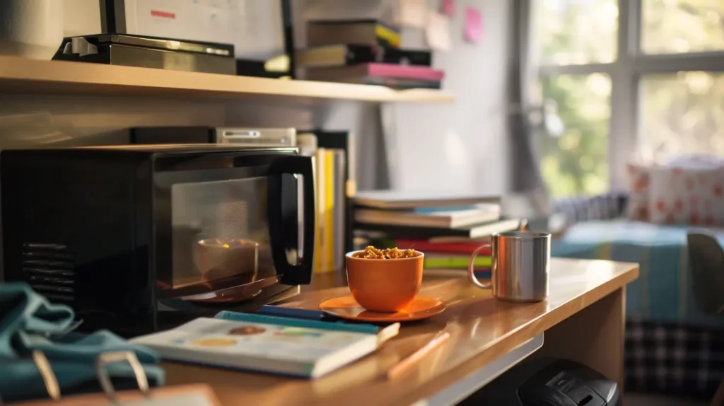 High-Protein Microwave Meals for Busy College Nights 1 College dorm desk with a microwave, textbooks, and a steaming mug of high-protein chili, showing student-friendly microwave meals for busy nights.
