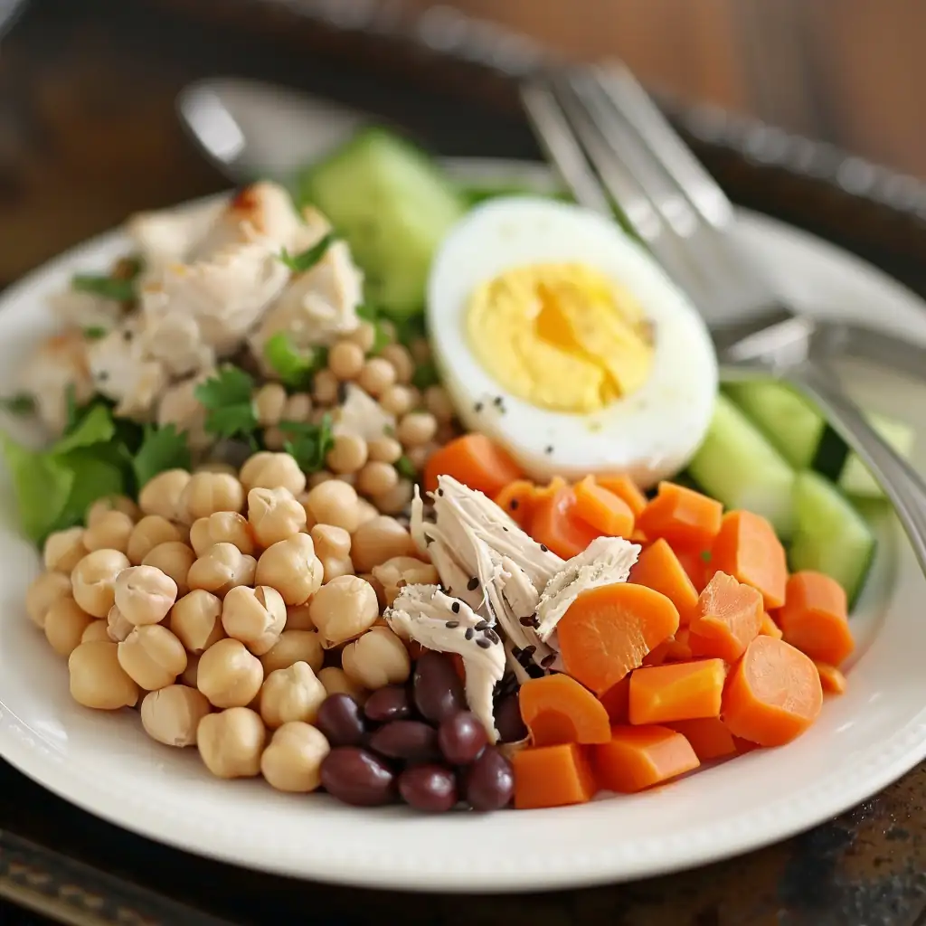 High-Protein Microwave Meals for Busy College Nights 2 Budget-friendly protein staples like eggs, beans, canned tuna, and quinoa pouches arranged on a dorm desk.