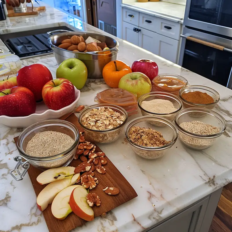 Ingredients for caramel apple overnight oats arranged neatly on a student kitchen counter.