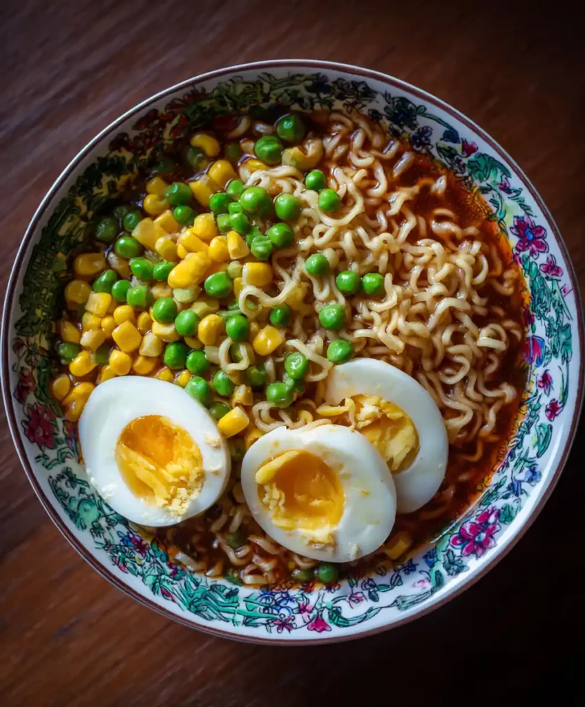 10 Dorm Room Recipes You Can Make Without a Fridge 4 A bowl of upgraded instant ramen with canned corn, peas, and a boiled egg.