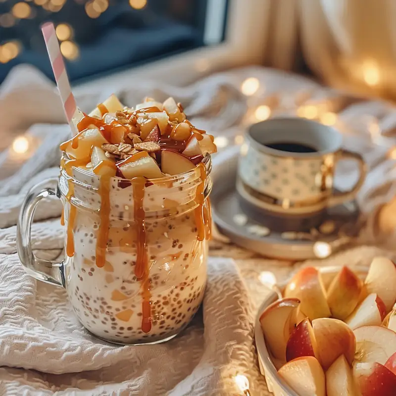 Caramel apple overnight oats in a jar topped with apples and caramel sauce, cozy student breakfast vibes.