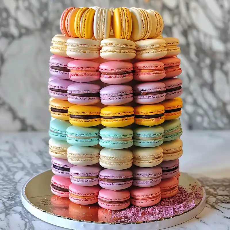 Viral Dessert Recipes 2026: Sweet Trends You’ve Gotta Try 9 Tall layered macaron cake with pastel colors and decorative toppings.