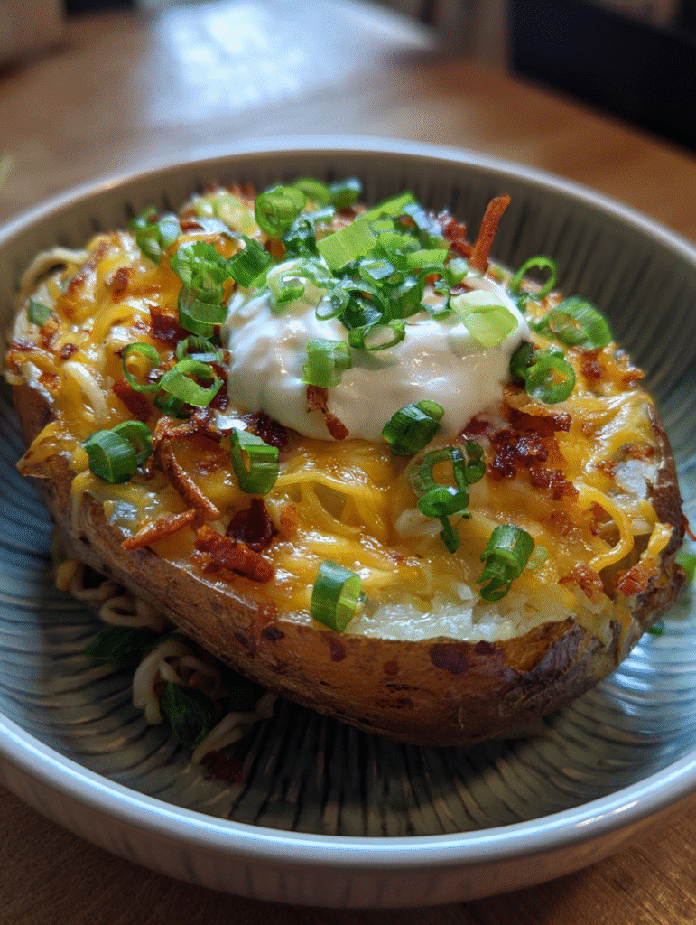 5 Cheap Microwave Meals Under 10 Minutes for College Students 4 Microwave baked potato split open with melted cheese, sour cream, and green onions on top.tant ramen with egg, vegetables, and spicy broth in a microwave-safe bowl.