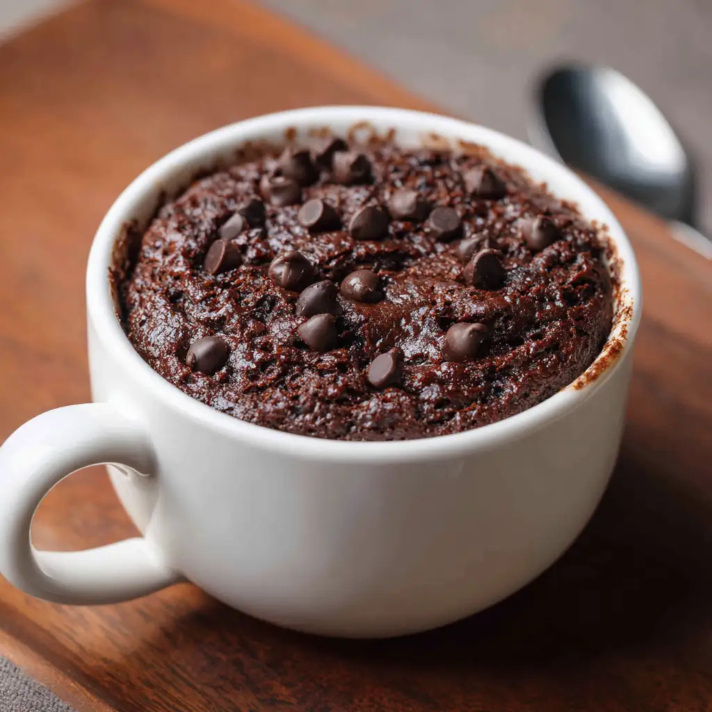 Easy Protein Desserts for Students with a Sweet Tooth 7 Fudgy microwave protein brownie in a mug with melted chocolate on top.