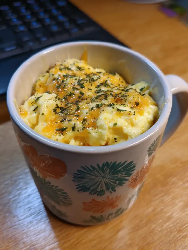 5 Cheap Microwave Meals Under 10 Minutes for College Students 2 Fluffy microwave scrambled eggs with melted cheese served in a mug, topped with herbs.