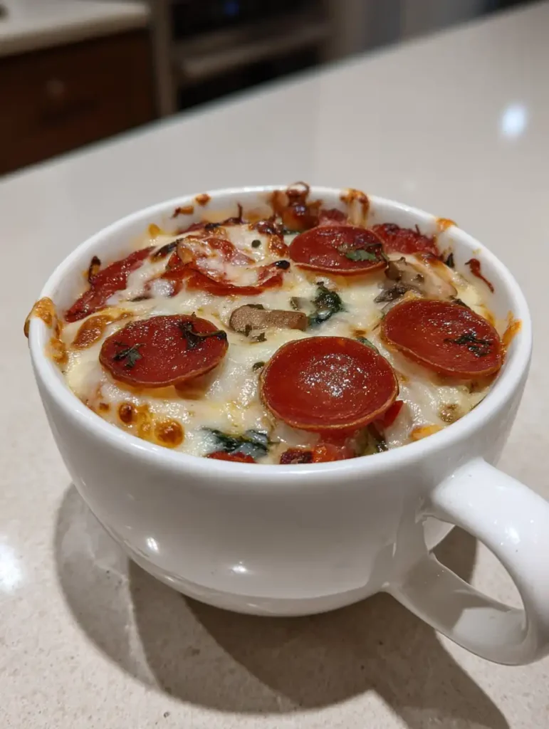 5 Cheap Microwave Meals Under 10 Minutes for College Students 6 Single-serving mug pizza with melted cheese and tomato sauce topped with herbs.