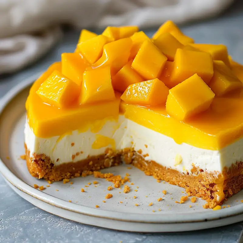 Viral Dessert Recipes 2026: Sweet Trends You’ve Gotta Try 4 A slice of creamy mango cheesecake with a golden crust and fresh mango on top.