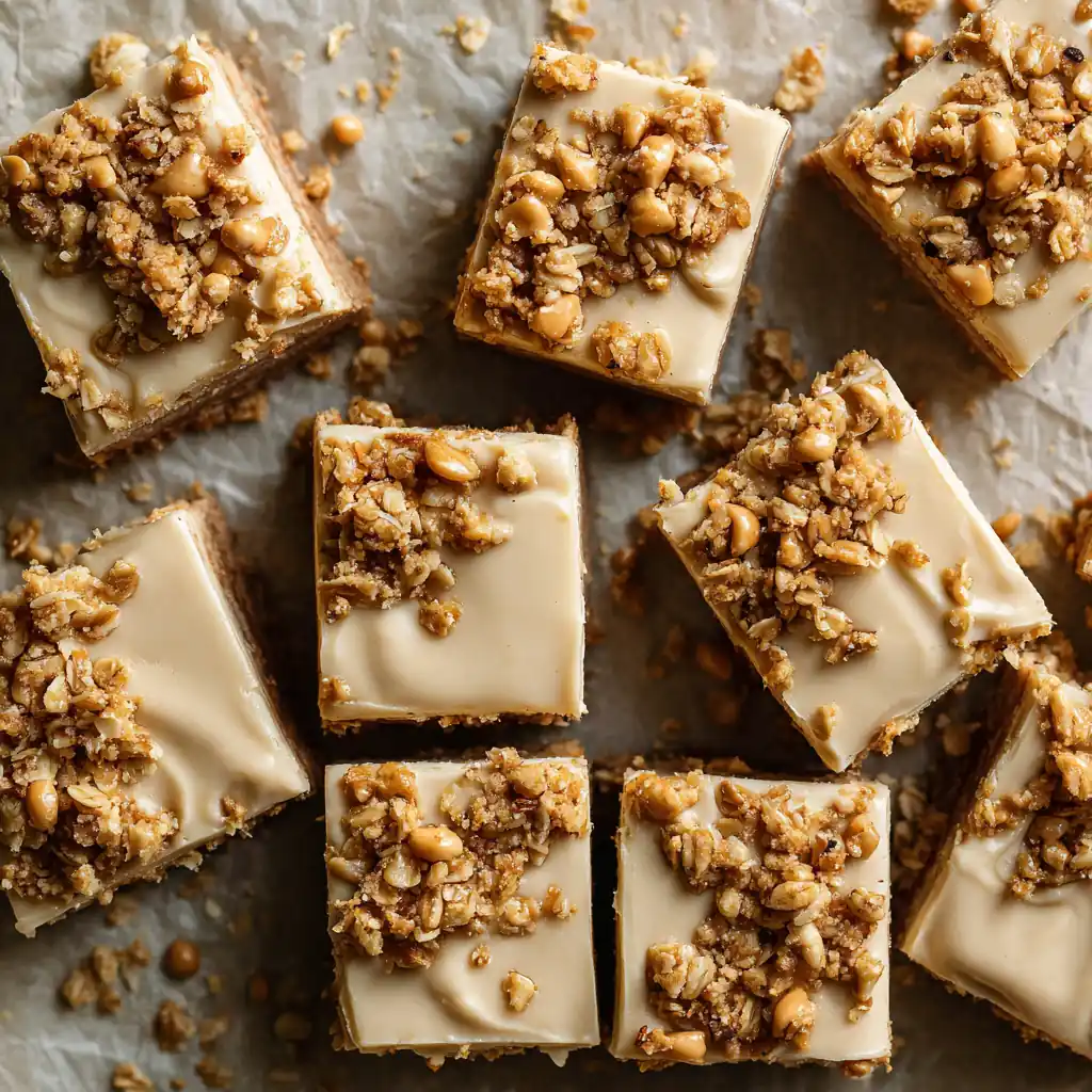 Student Budget Recipes: 12 Dorm-Friendly, Trendy & Cheap Ideas 13 Stack of no-bake peanut butter yogurt bars with a granola topping, sliced into neat squares on parchment paper.