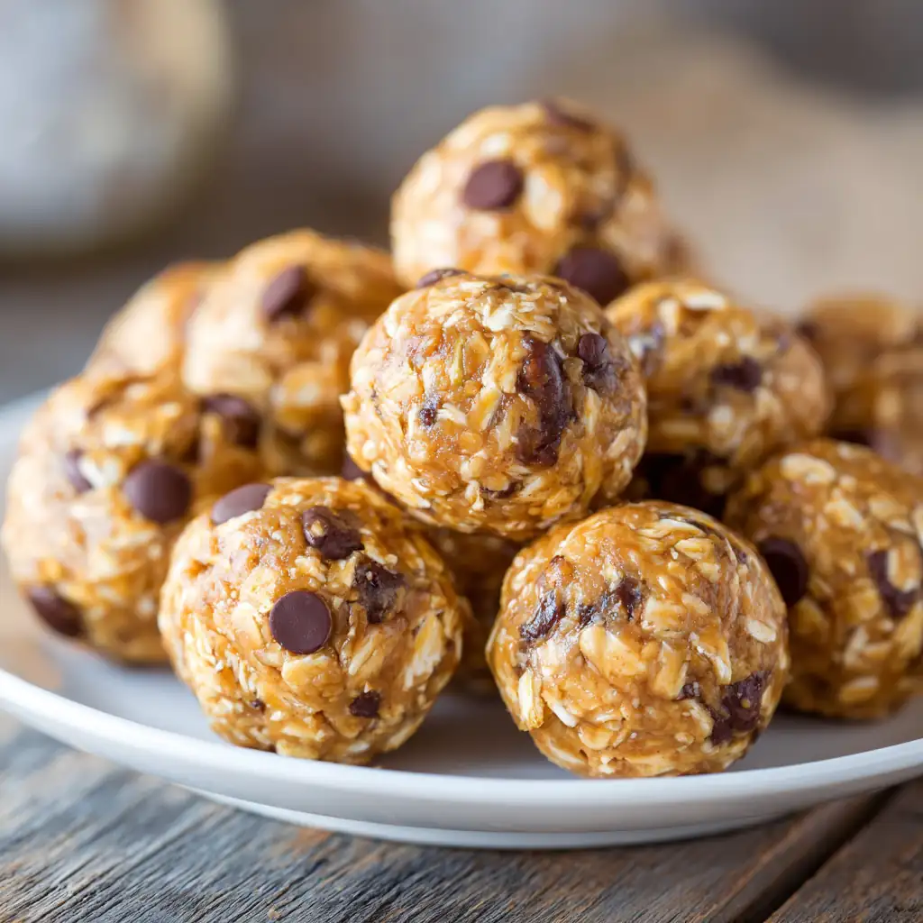 Easy Protein Desserts for Students with a Sweet Tooth 5 Plate of round peanut butter protein balls rolled in oats.