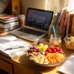No-cook dorm snacks every student needs to try – budget-friendly fruit, popcorn, and healthy cereal on a study desk with books, laptop, and notes in a cozy dorm room.