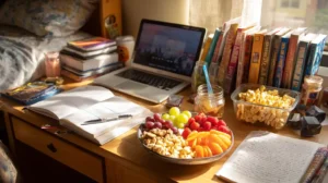 No-cook dorm snacks every student needs to try – budget-friendly fruit, popcorn, and healthy cereal on a study desk with books, laptop, and notes in a cozy dorm room.