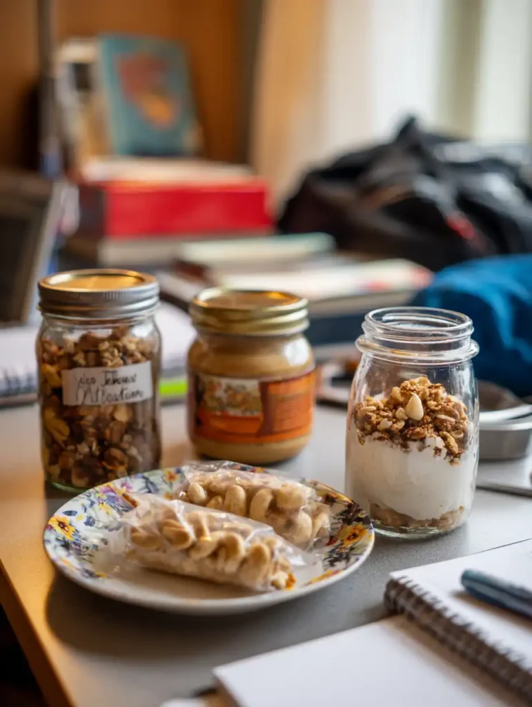 Realistic photo of no-cook dorm snacks: trail mix jars, peanut butter banana wrap, and yogurt parfait.
