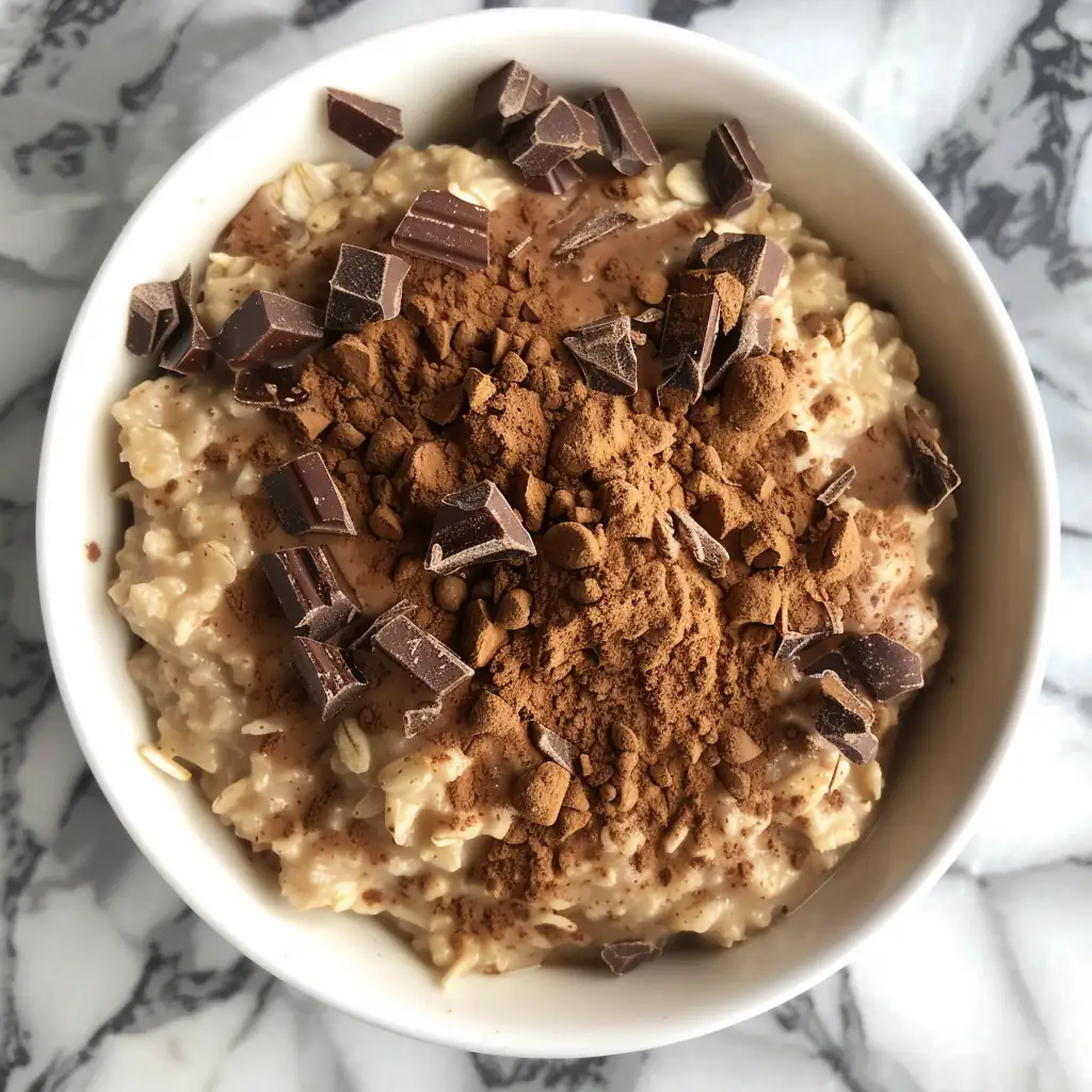 Cheap Protein Snacks You Can Keep in Your Dorm 12 Bowl of oats mixed with chocolate protein powder topped with banana slices.